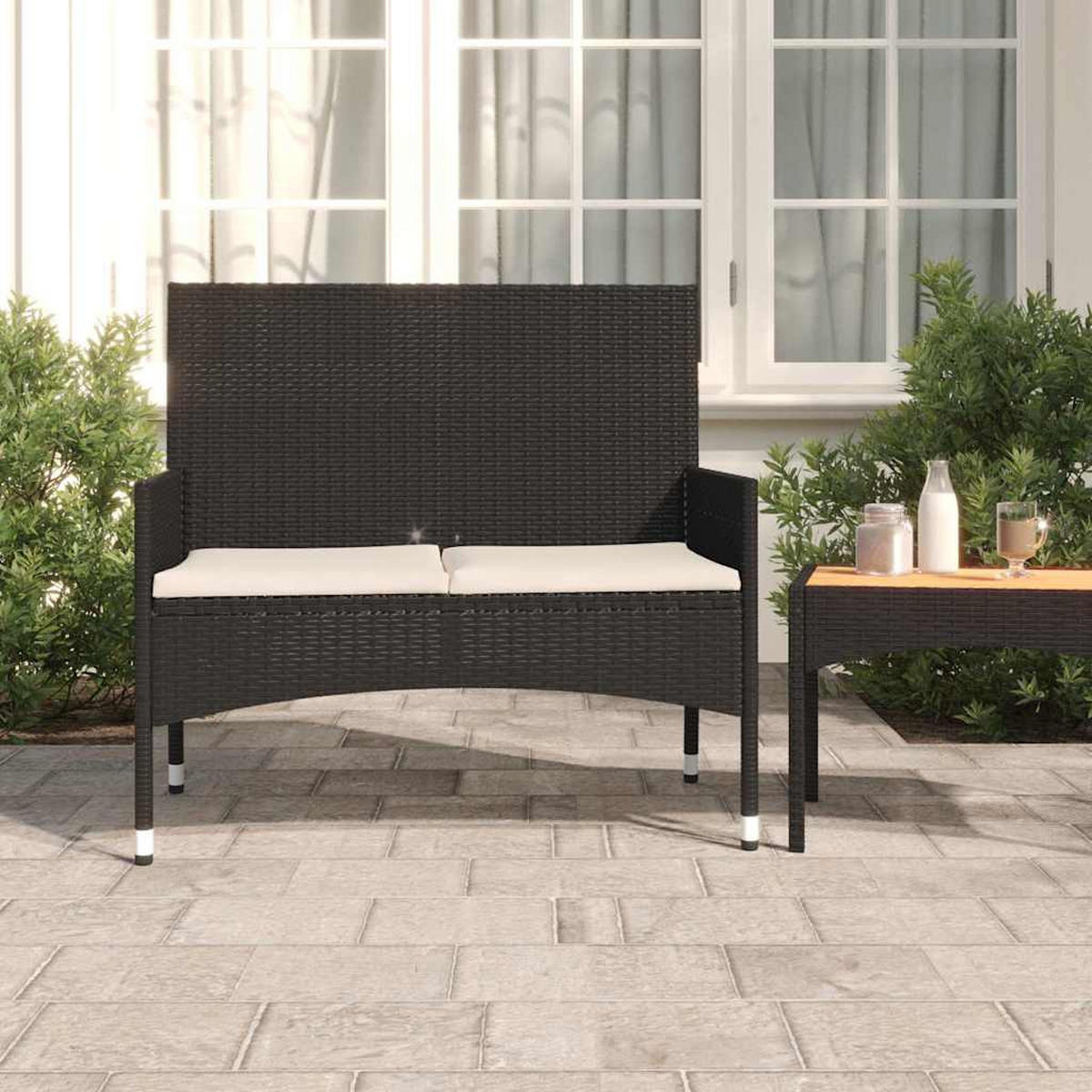 GARTENBANK 2-Sitzer mit Kissen Schwarz Poly Rattan - Schwarz, Holz (90/85/51cm) - furnicato