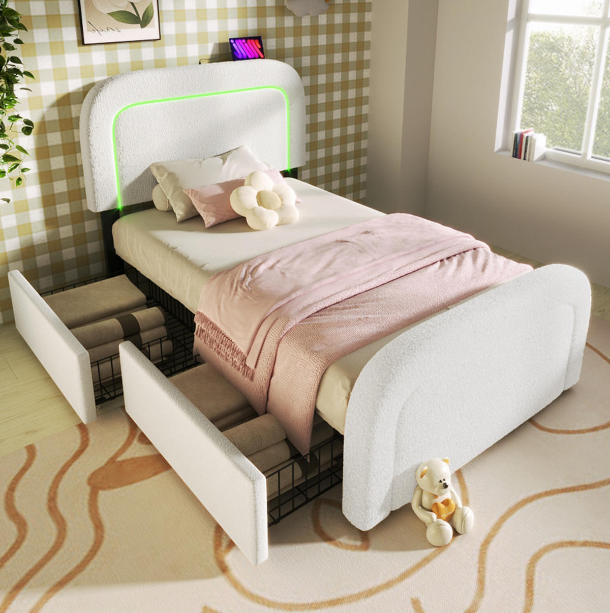 POLSTERBETT 90/200 cm Weiß mit LED-Beleuchtung, Schubladen und USB- und Type-C-Anschlüssen - Weiß, Textil (90/200cm) - Flora Grace