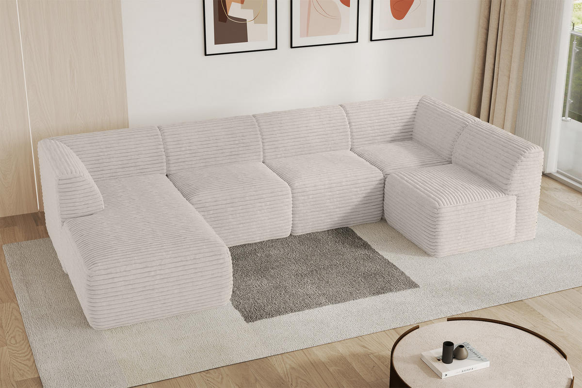 WOHNLANDSCHAFT Ottomane Links MOVO-L 345x180x78 cm Creme Cord - Creme, Holzwerkstoff/Kunststoff (345/78/180cm) - ALTDECOR