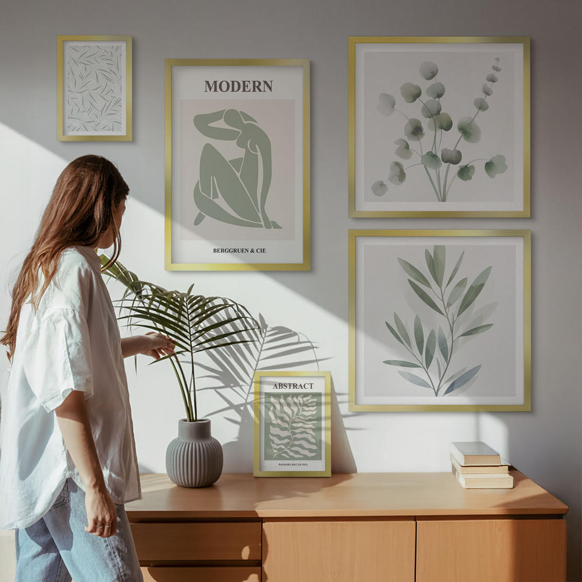 BILDER SET 5er Set - 50x50 cm & 20x30 cm & 40x60 cm Goldrahmen - Matisse entwirft Boho-Pflanzen - Goldfarben, Kunststoff (40/60cm) - TULUP