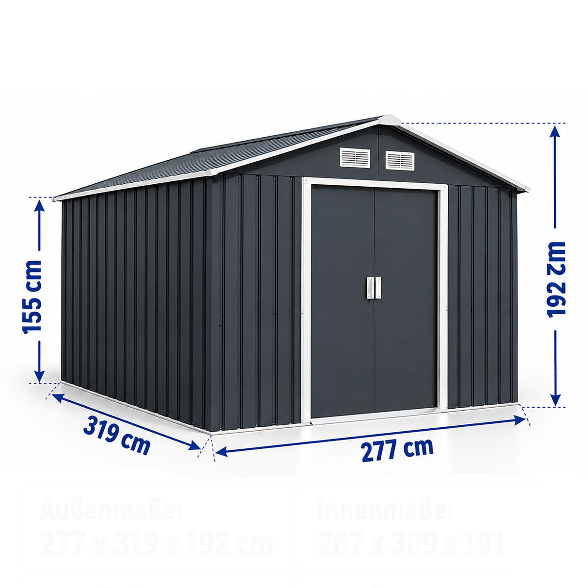 GERÄTEHAUS Grau Weiß Stahl verzinkt Schiebetüren 193 cm - Anthrazit, Metall (277/193/322cm) - Relaxdays