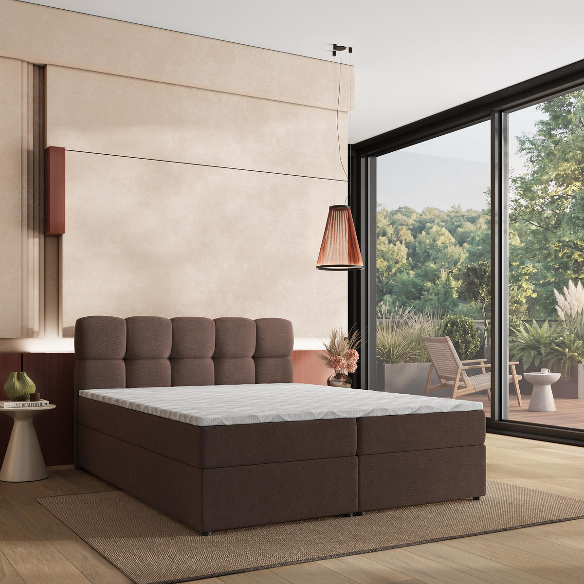 BOXBETT MERU 180x200 cm mit Matratze und Topper - Braun - Braun, Holz (180/200cm) - MASSENO