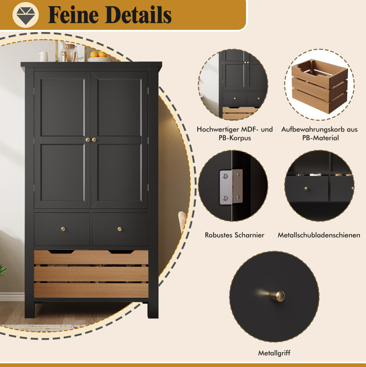 HIGHBOARD 80/40/140 cm aus MDF/Metall mit 5 Schubladen und Doppeltür Schwarz - Schwarz, Holzwerkstoff (80/140/40cm) - Modenvie