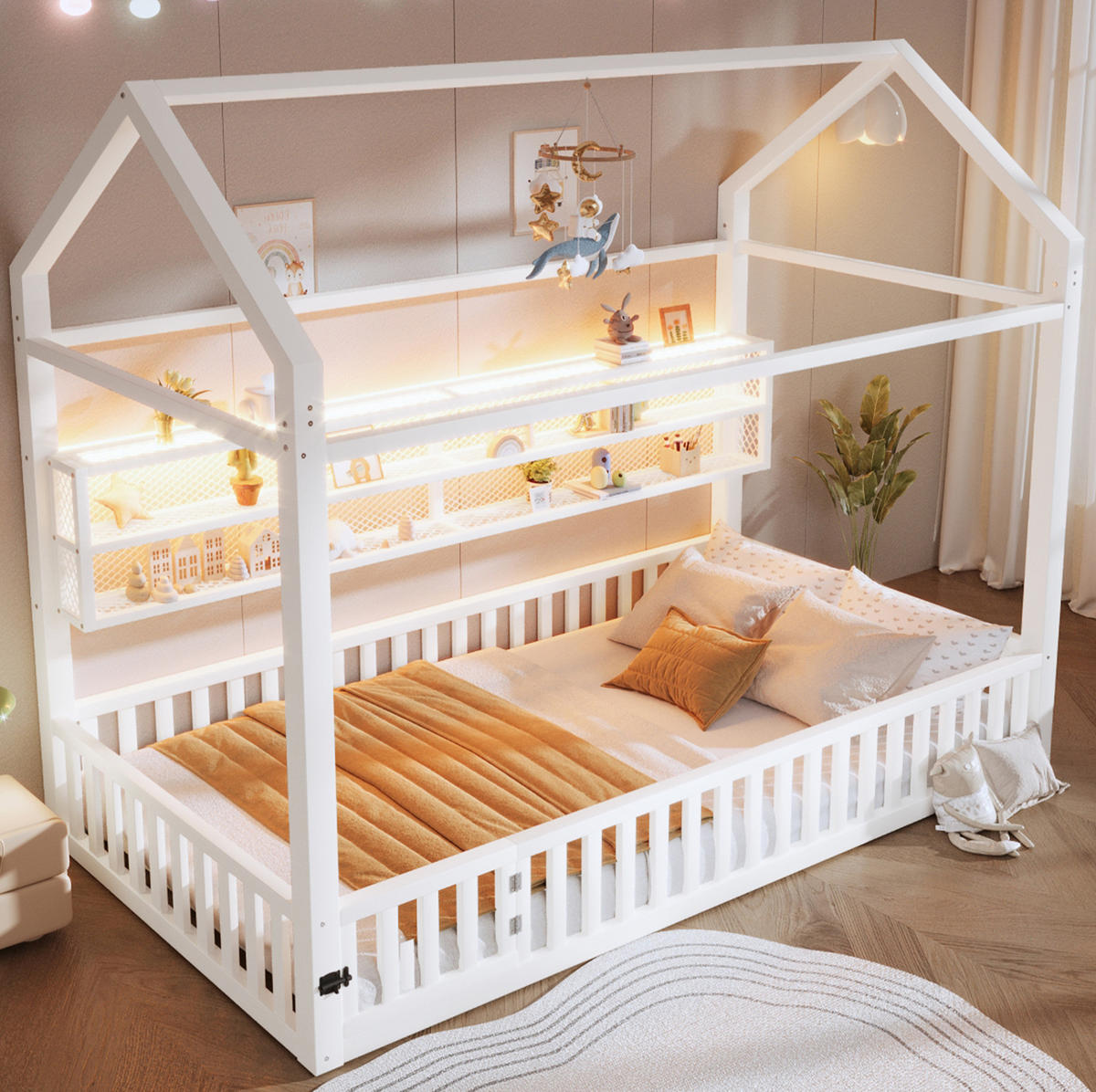 KINDERBETT 90/200 cm mit Sicherheitszaun und LED-Beleuchtung im Hausdesign, Weiß - Weiß, Metall (90/200cm) - Redom