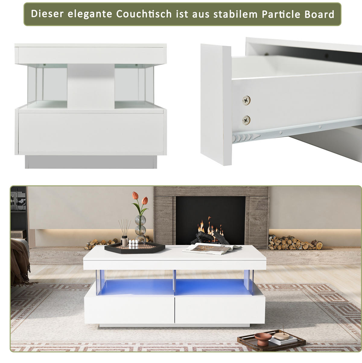 COUCHTISCH 100/60/49,5 cm mit LED-Beleuchtung, 2 Schubladen und Glaseinsätzen, Weiß - Weiß, Holzwerkstoff (100/60/49.5cm) - Redom