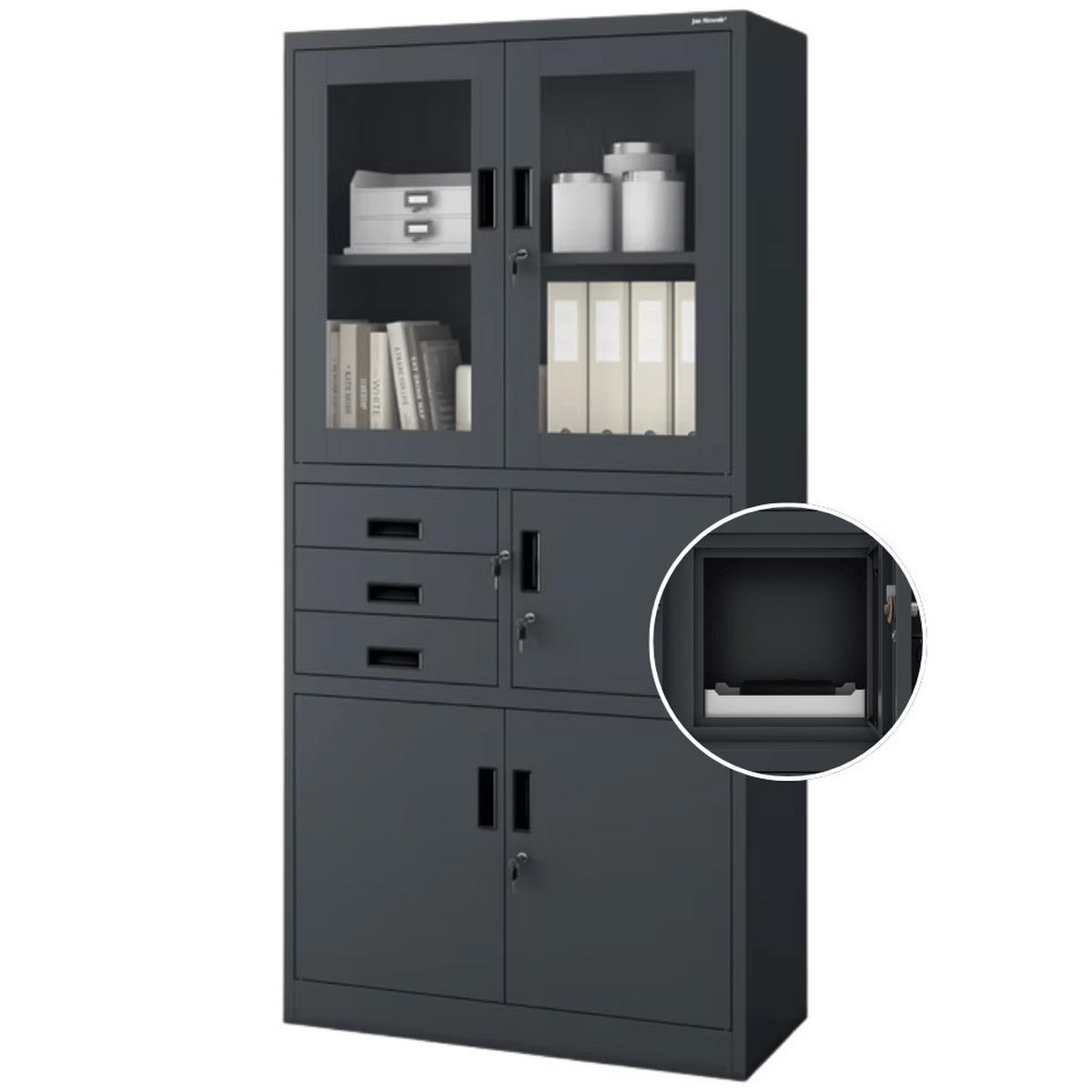 VITRINENSCHRANK abschließbar GEDO mit Tresor 185x90x40cm Anthrazit - Anthrazit, Metall (90/185/40cm) - DELUKE