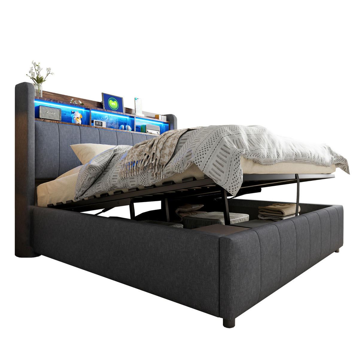 TAPECIRANI krevet 140/200 cm sivi od lana s LED rasvjetom, spremištem i USB/Type-C priključcima - siva, tekstil (140/200cm) - OKWISH