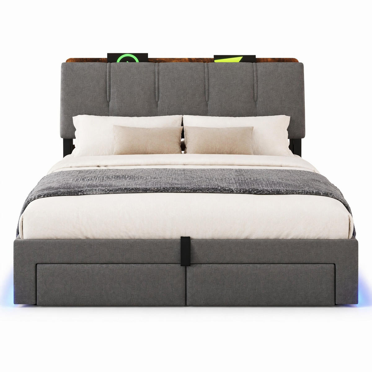 POLSTERBETT 140/200 cm in Grau mit Bettkasten, LED und USB/Typ-C aus Leinen - Grau, Holzwerkstoff/Textil (140/200cm) - CHICFURN