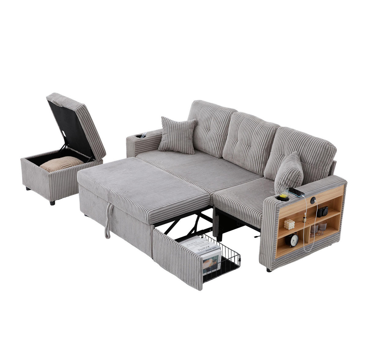 SCHLAFSOFA 196/82-144/85 cm aus Cord mit Stauraum, USB-C und LED-Beleuchtung Hellgrau - Hellgrau, Textil (82/85/196cm) - Modenvie