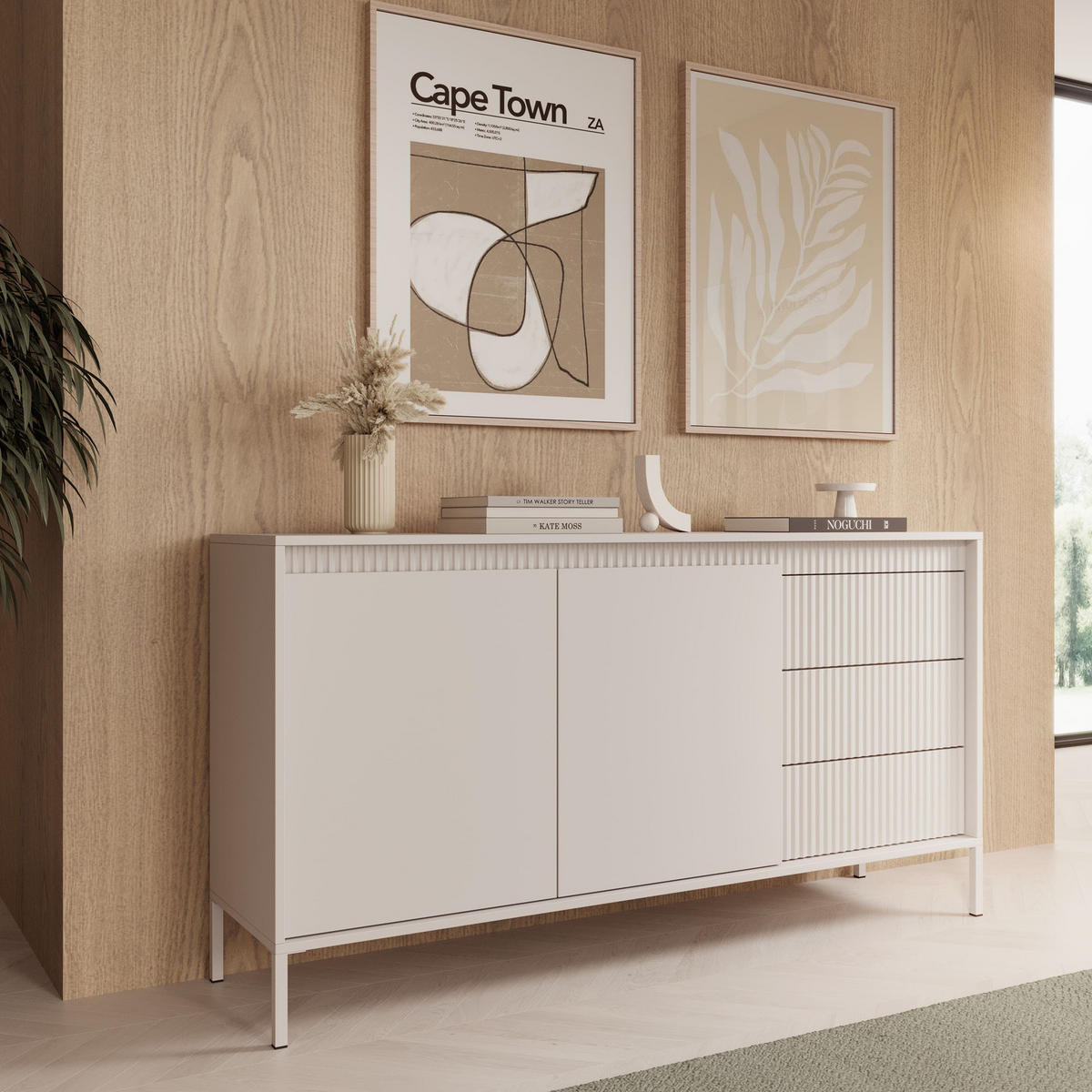 SIDEBOARD Ferrato B 153 cm Beige - mit 2 Türen und 3 geriffelten Schubladen rechts - Beige, Holz/Holzwerkstoff (153/81/39cm) - Ravio
