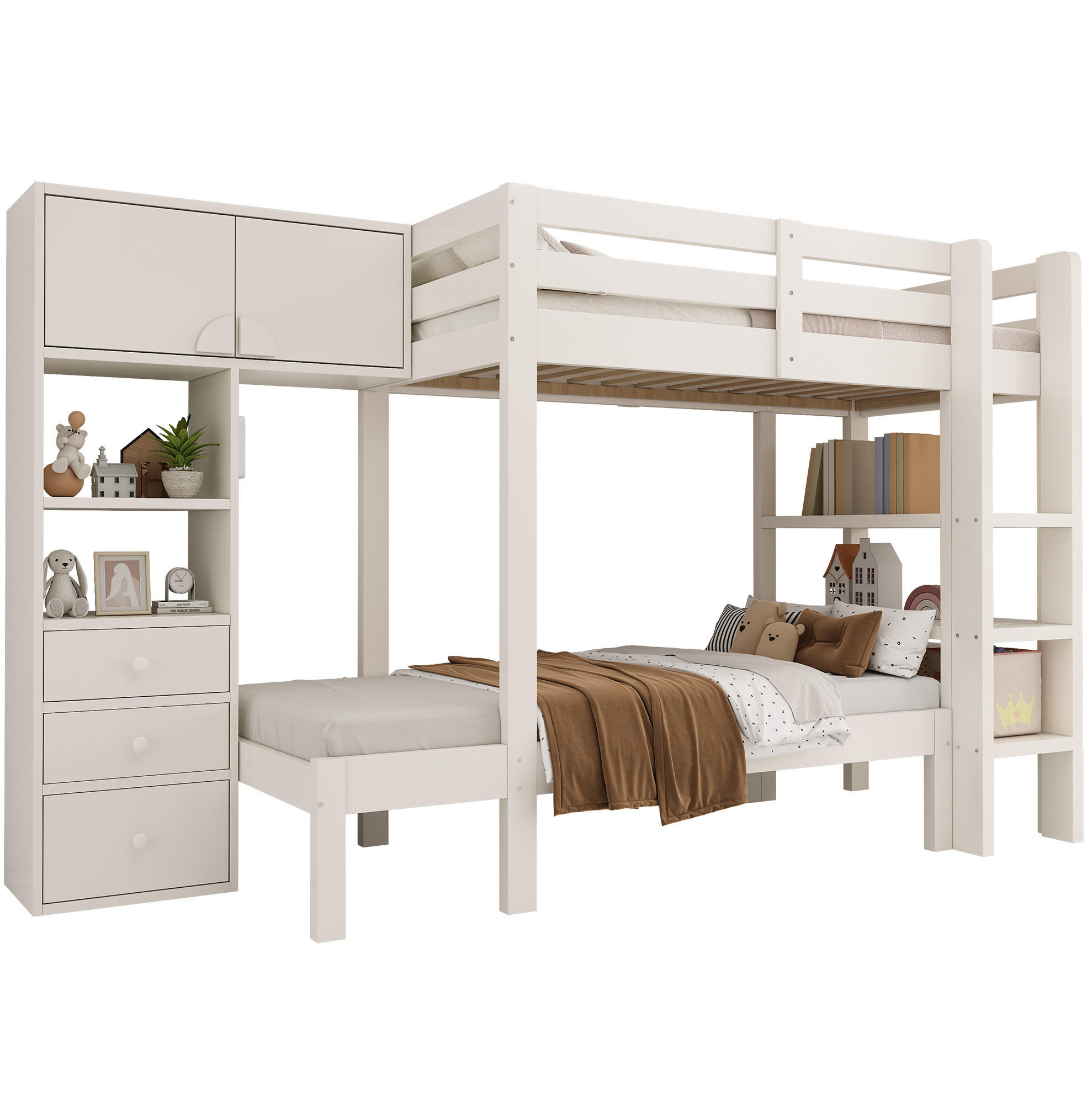 ETAGENBETT 90/200 cm Weiß mit Schrank, Regal und Schubladen - Weiß, Metall (90/200cm) - Flora Grace