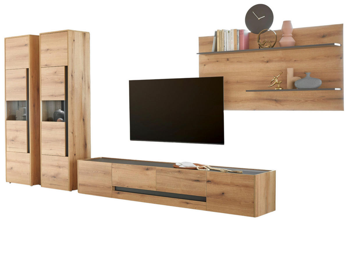 WOHNWAND Evoke Eiche, grau, Wohnkombination Set 4-teilig mit XL-TV-Schrank 400 cm - Eichefarben/Grau, Glas/Holz (400/197/45cm) - Furn.Design