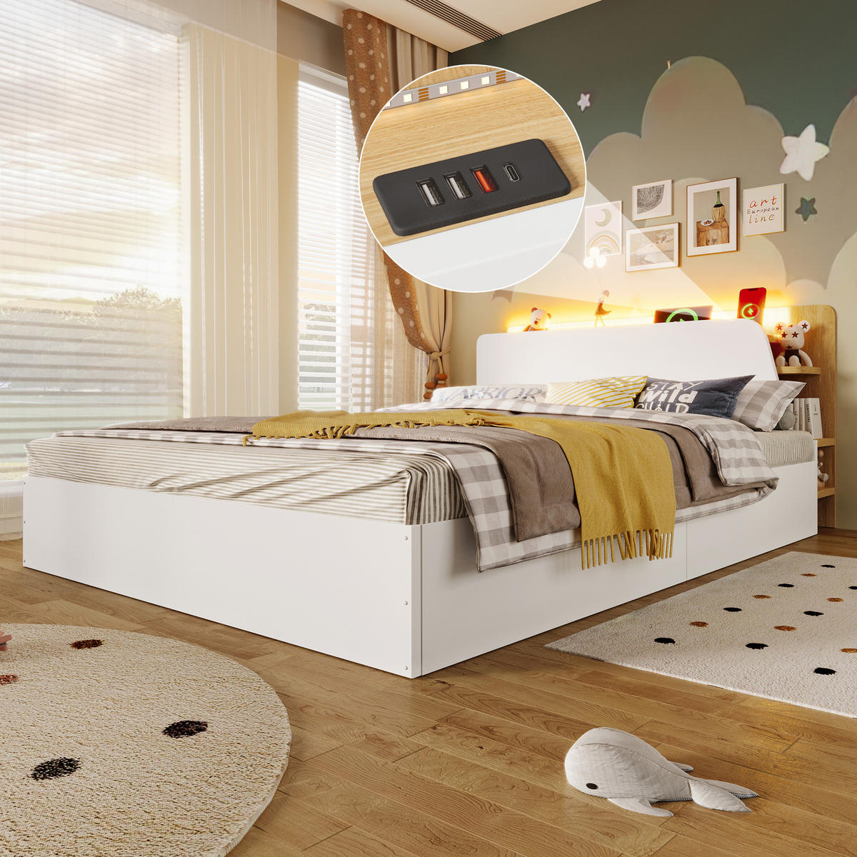 KINDERBETT 140/200 cm in Weiß & Natur mit Stauraum, LED und USB - Weiß/Naturfarben, Holz/Holzwerkstoff (140/200cm) - WISHDOR