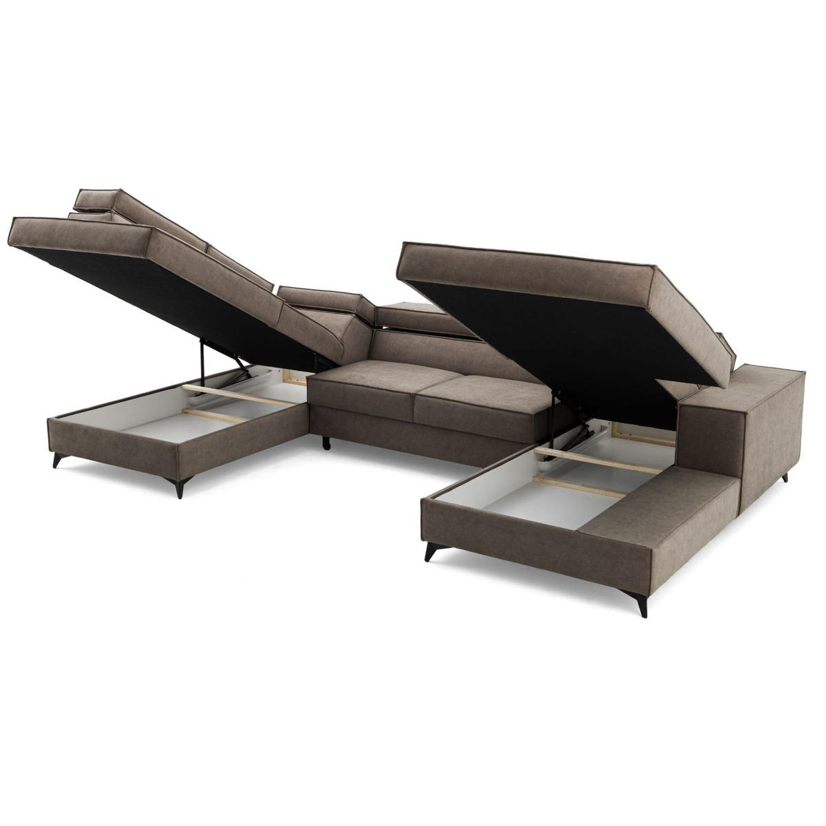 ECKSOFA PURE U Links mit Schlaffunktion 127x270 Velours Beige - Beige/Schwarz, Holz/Textil (340/204cm) - Muffo