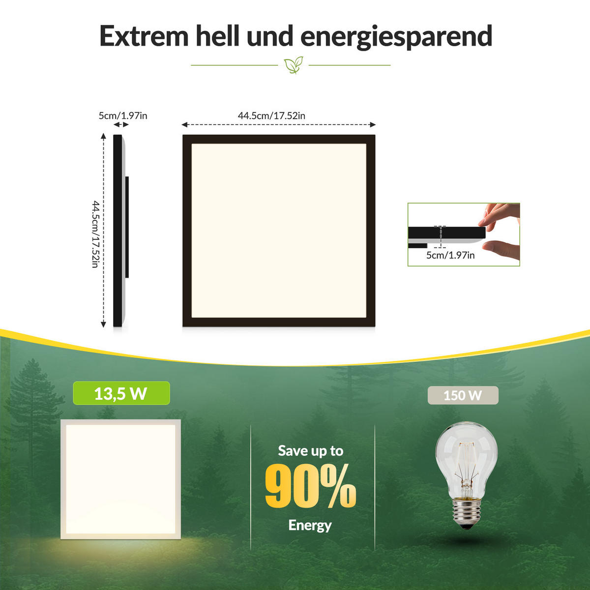 LED DECKENLEUCHTE Vexlon 44.5/44.5/5 cm - Schwarz, Kunststoff/Metall (44.5/44.5/5cm) - ZMH