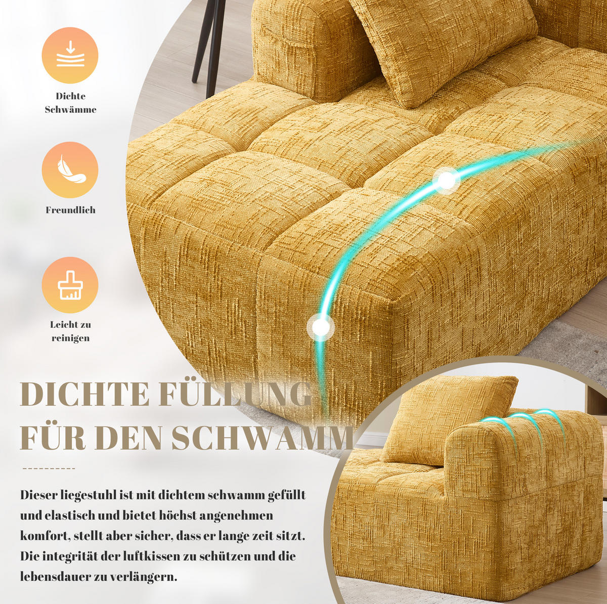 CHAISELONGUE Sofa Chenille mit Seitentaschen und Kissen 158/90/60 cm Gelb - Gelb, Textil (60/158/90cm) - Redom