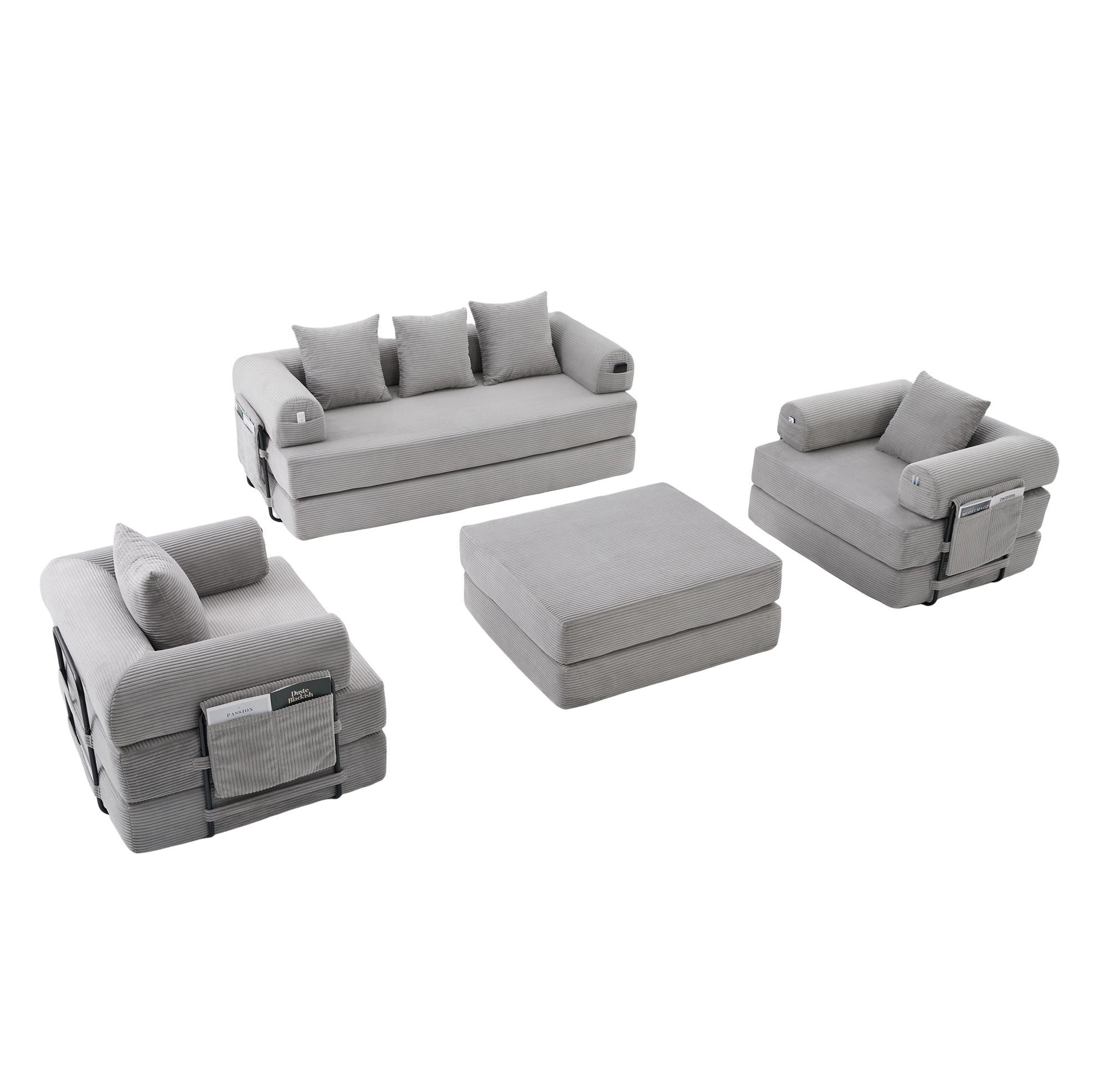 SOFA 200/190/67 cm in Hellgrau aus Cord mit Hocker und Kissen - Hellgrau, Textil (190/67/200cm) - Flora Grace