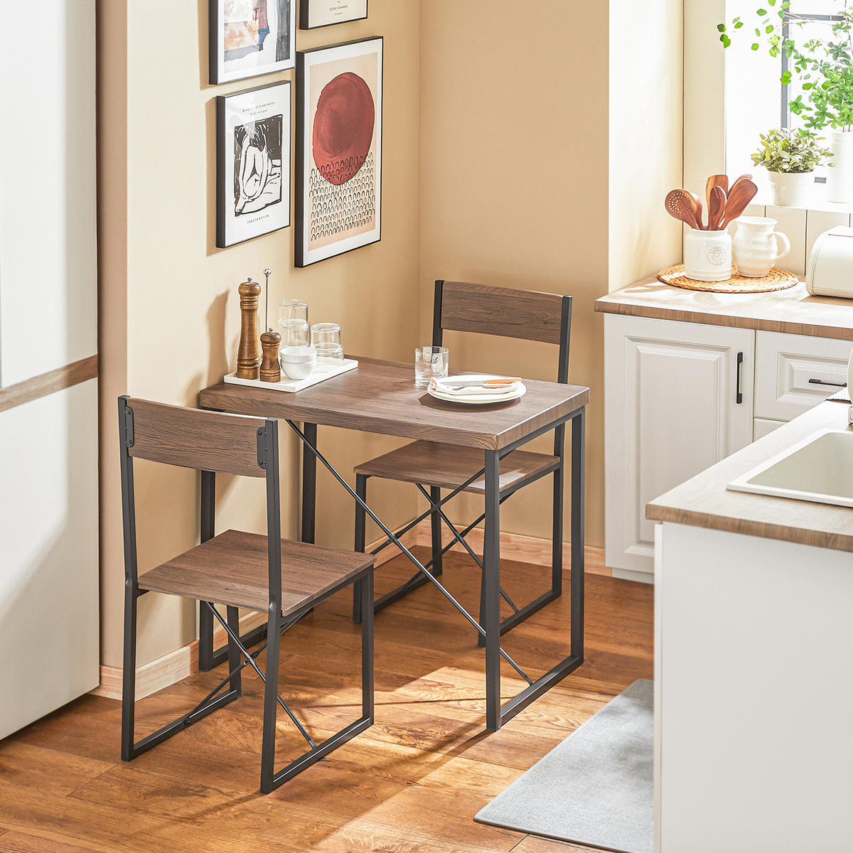 ESSTISCH + 2 x STÜHLE - Naturfarben, Holzwerkstoff/Metall (80/75/50cm) - SoBuy