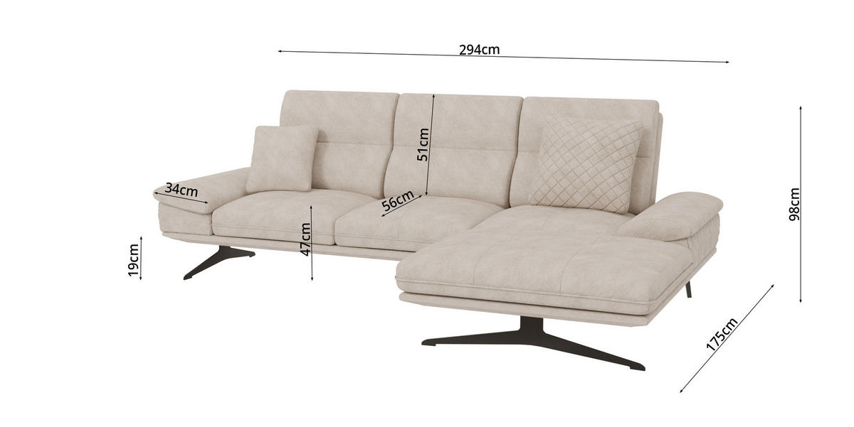 ECKSOFA Loris Beige Samt - Ottomane rechts - Beige/Schwarz, Holz/Textil (294/175cm) - S-Style Möbel