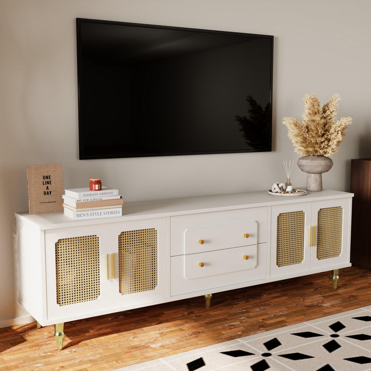 TV Lowboard Retro, Rattantür, goldene Griffe, Weiß - Weiß, Holz (175/55/38cm)