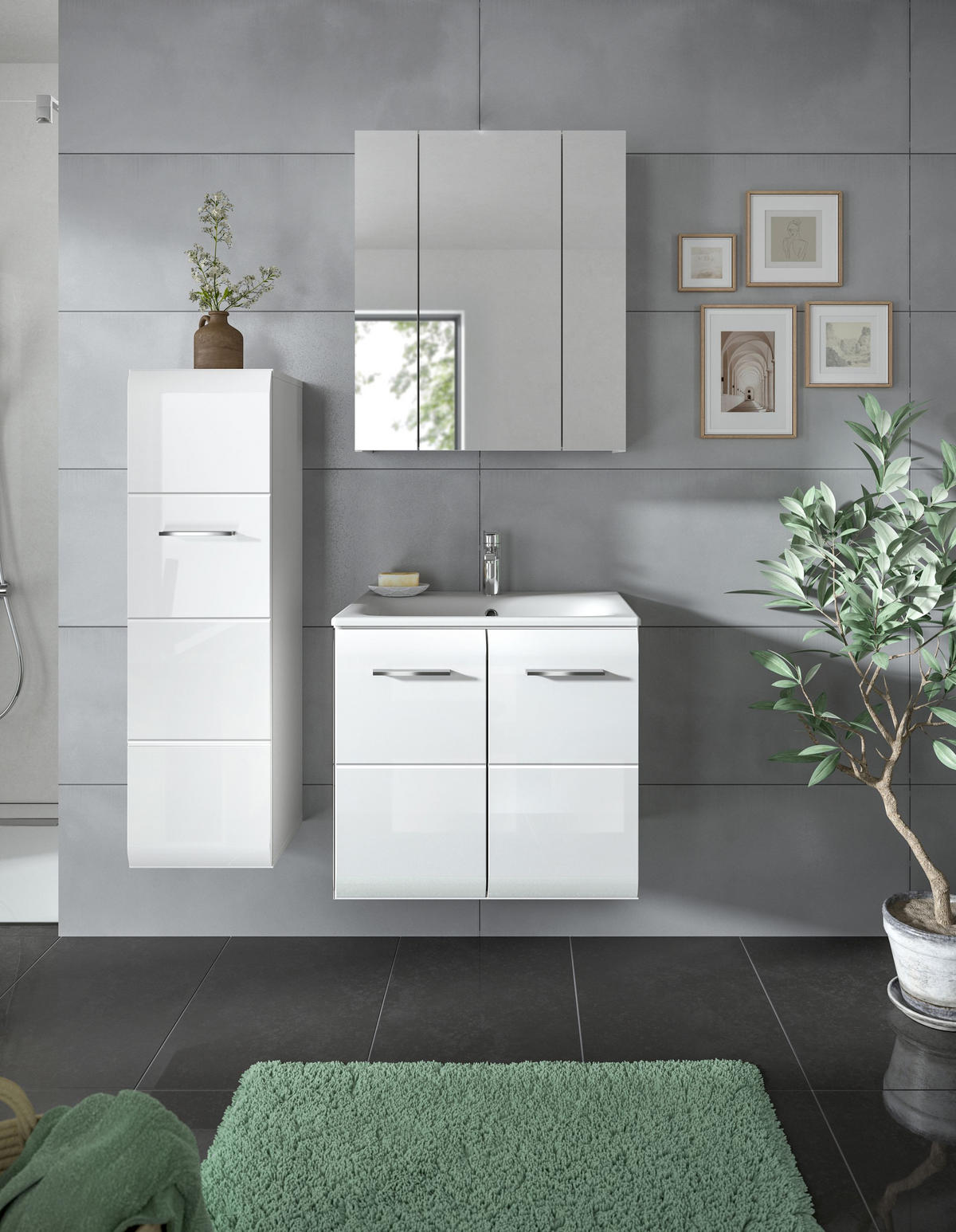BADEZIMMER 3 tlg. Alba Bad in weiß und weiß hochglanz B/H/T: 105x185x46 cm - Weiß, Holz (105/185/46cm)
