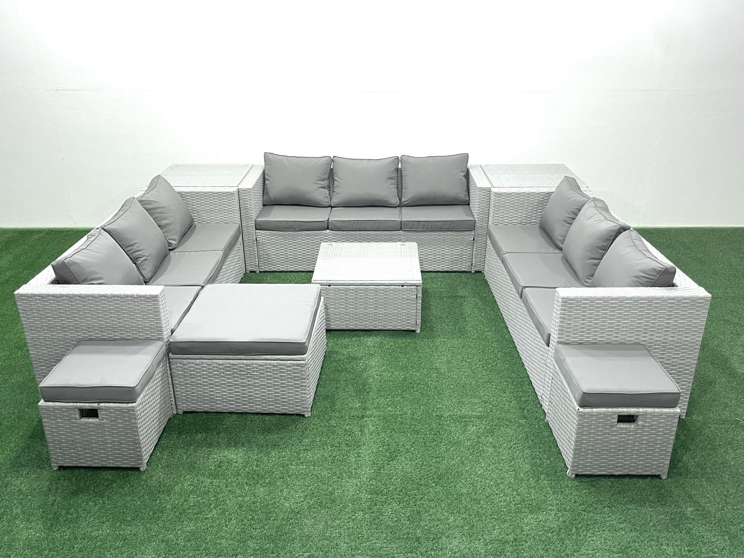 GARTENMÖBELSET mit 3-SITZER SOFA,COUCHTISCH Polyrattan Hellgrau-Mix 12-Sitzer - Hellgrau/Grau, Glas/Kunststoff - Fimous