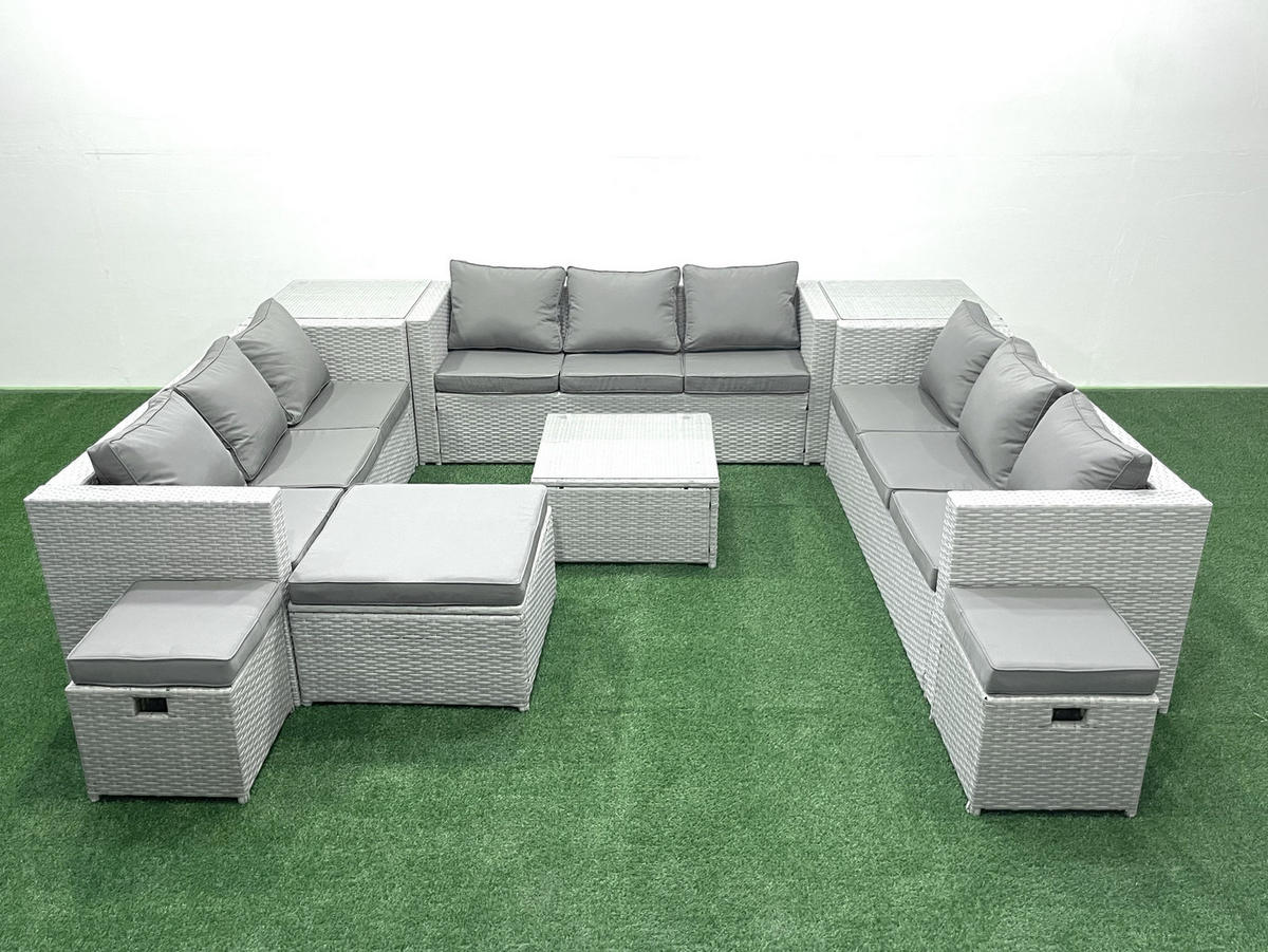 GARTENMÖBELSET mit 3-SITZER SOFA,COUCHTISCH Polyrattan Hellgrau-Mix 12-Sitzer - Hellgrau/Grau, Glas/Kunststoff - Fimous