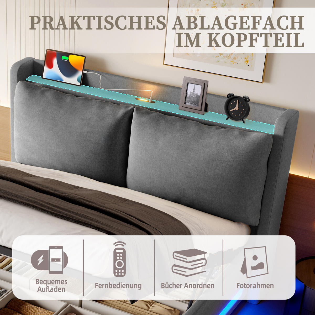 POLSTERBETT 140x200 cm LED USB Stauraum - Dunkelgrau, Textil (140/200cm) - LEBENLANG