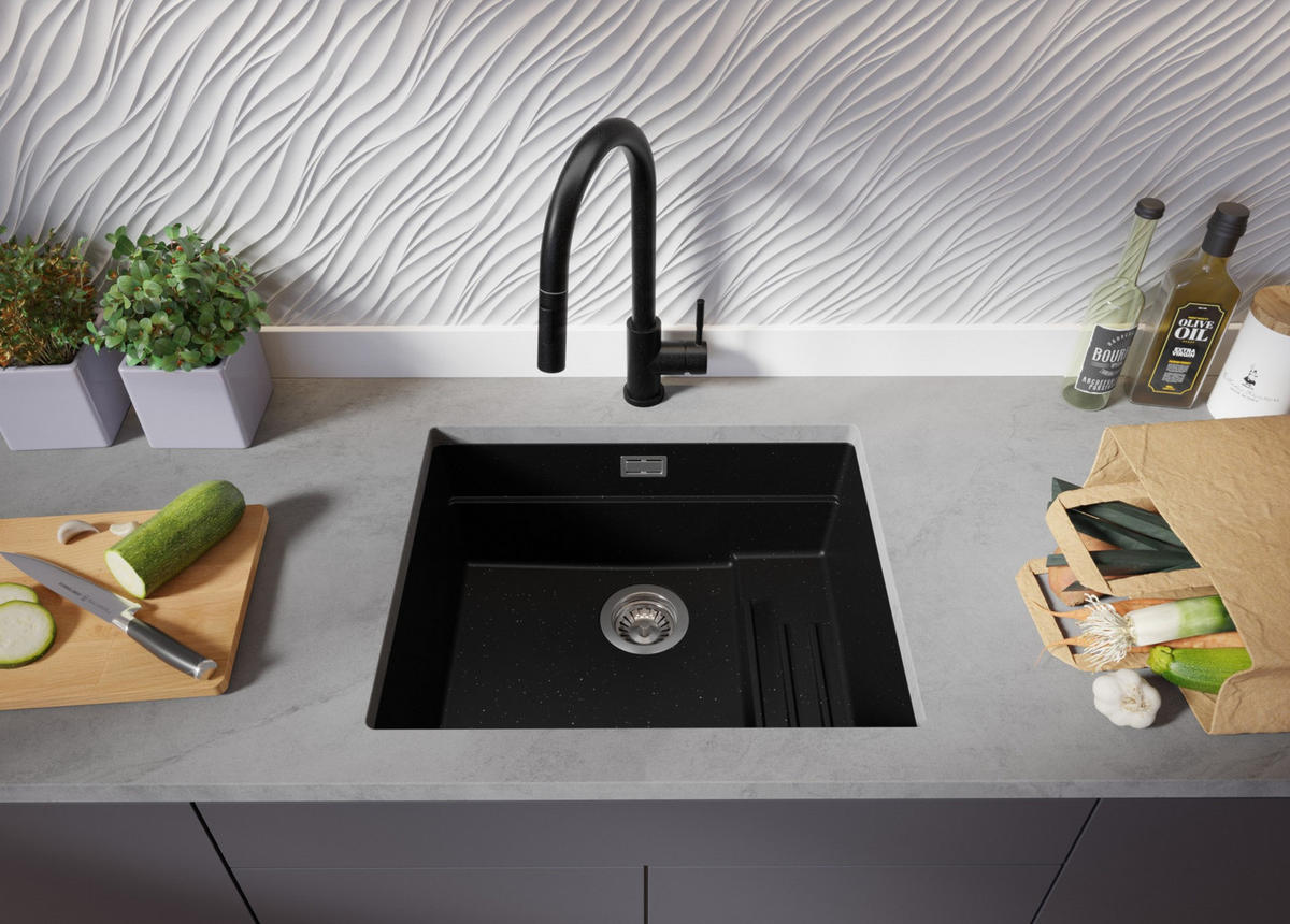 UNTERBAUSPÜLE GRANIT Praga, 2-er set Schwarz Metallic 56/47 cm 1 Becken + Ablauf-Set + Aufrollbare Abtropffläche ab 60er Unterschrank - Chromfarben/Schwarz Hochglanz, Kunststoff (56/20/47cm) - Primagran