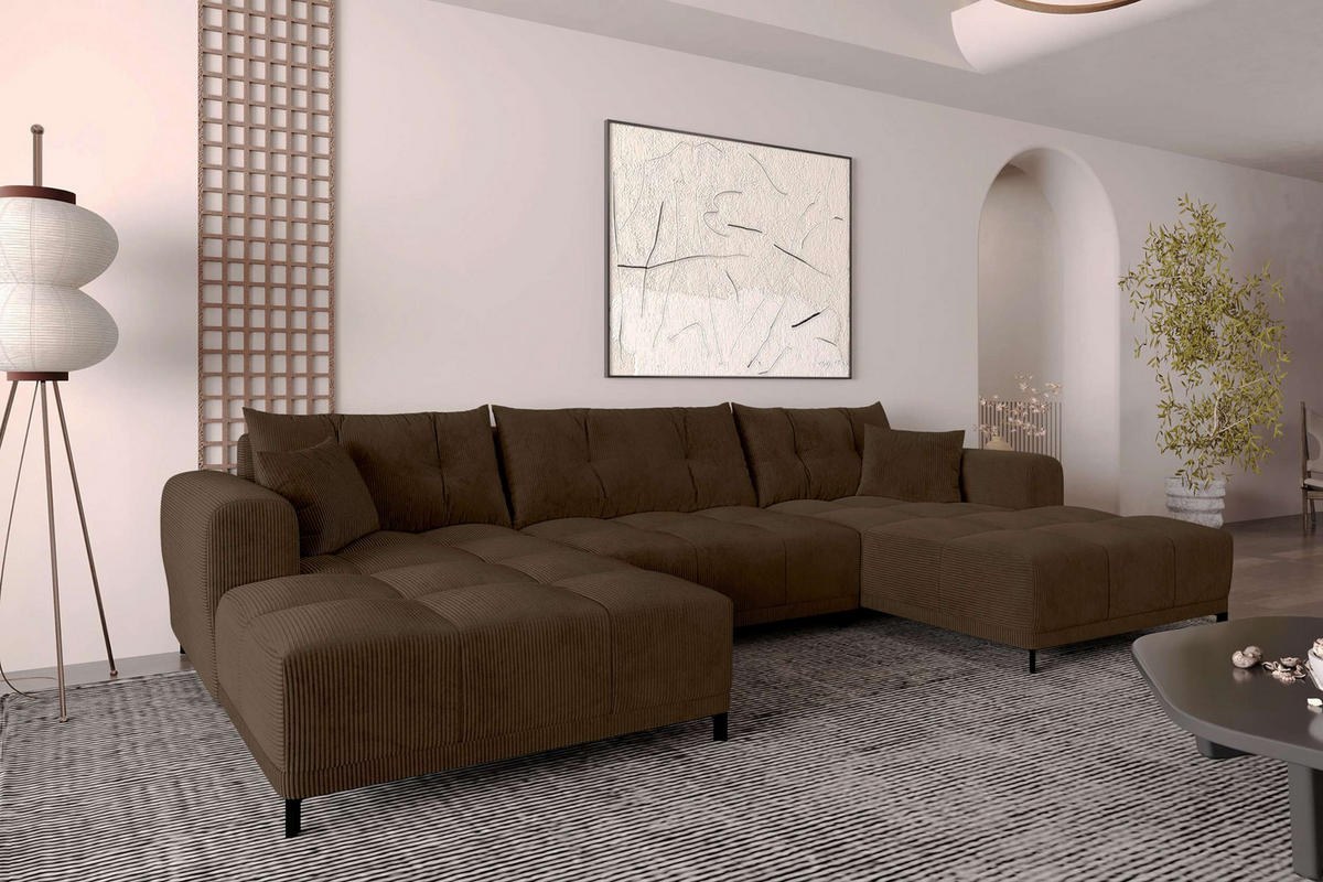 WOHNLANDSCHAFT Massimo Cordstoff Braun inkl. Schlaffunktion - Schwarz/Braun, Textil/Metall (356/94/181cm) - 99rooms