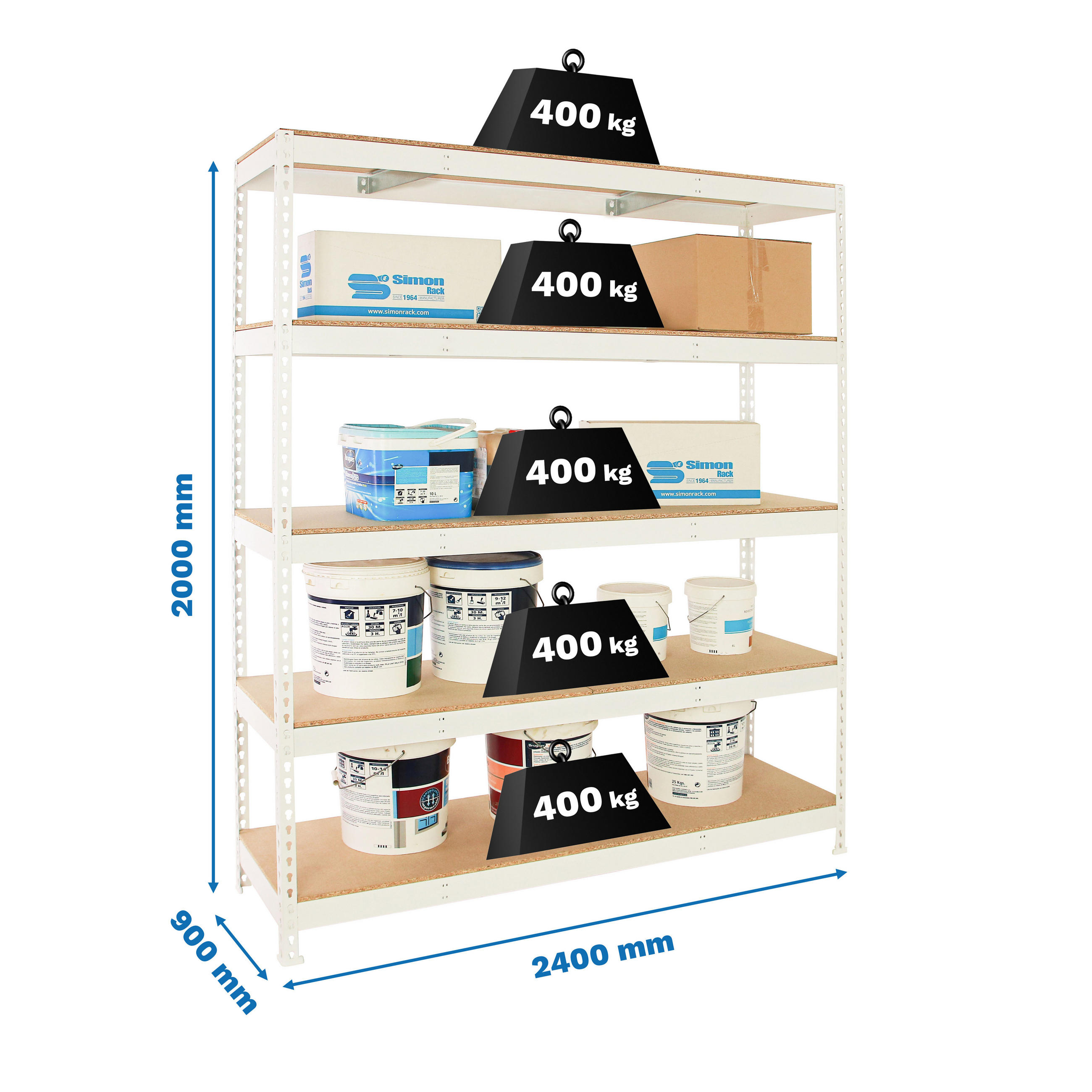 SCHWERLASTREGAL Wood Beast Five HxBxT 200 x 240 x 90 cm Fachlast 400 kg Weiß - Weiß, Metall (240/200/90cm) - PROREGAL