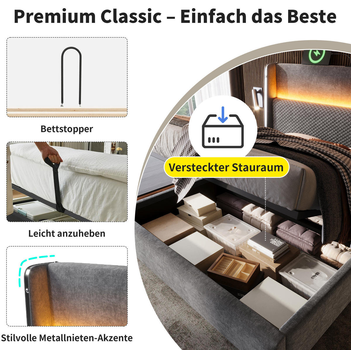 POSTEL s matrací 140/200 cm šedá z lnu s LED osvětlením, úložným prostorem a USB/Type-C - šedá, textil (140/200cm) - OKWISH