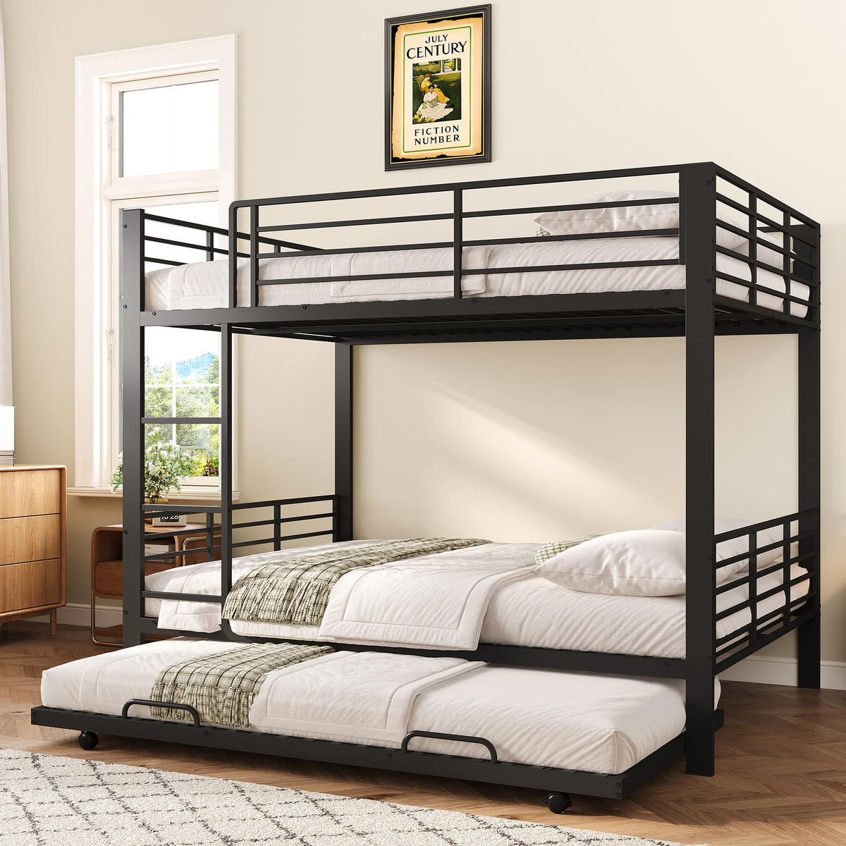 ETAGENBETT 140/200 cm DE-33080 mit Ausziehbett und Rausfallschutz Schwarz - Schwarz, Metall (140/200cm) - ComfortXL