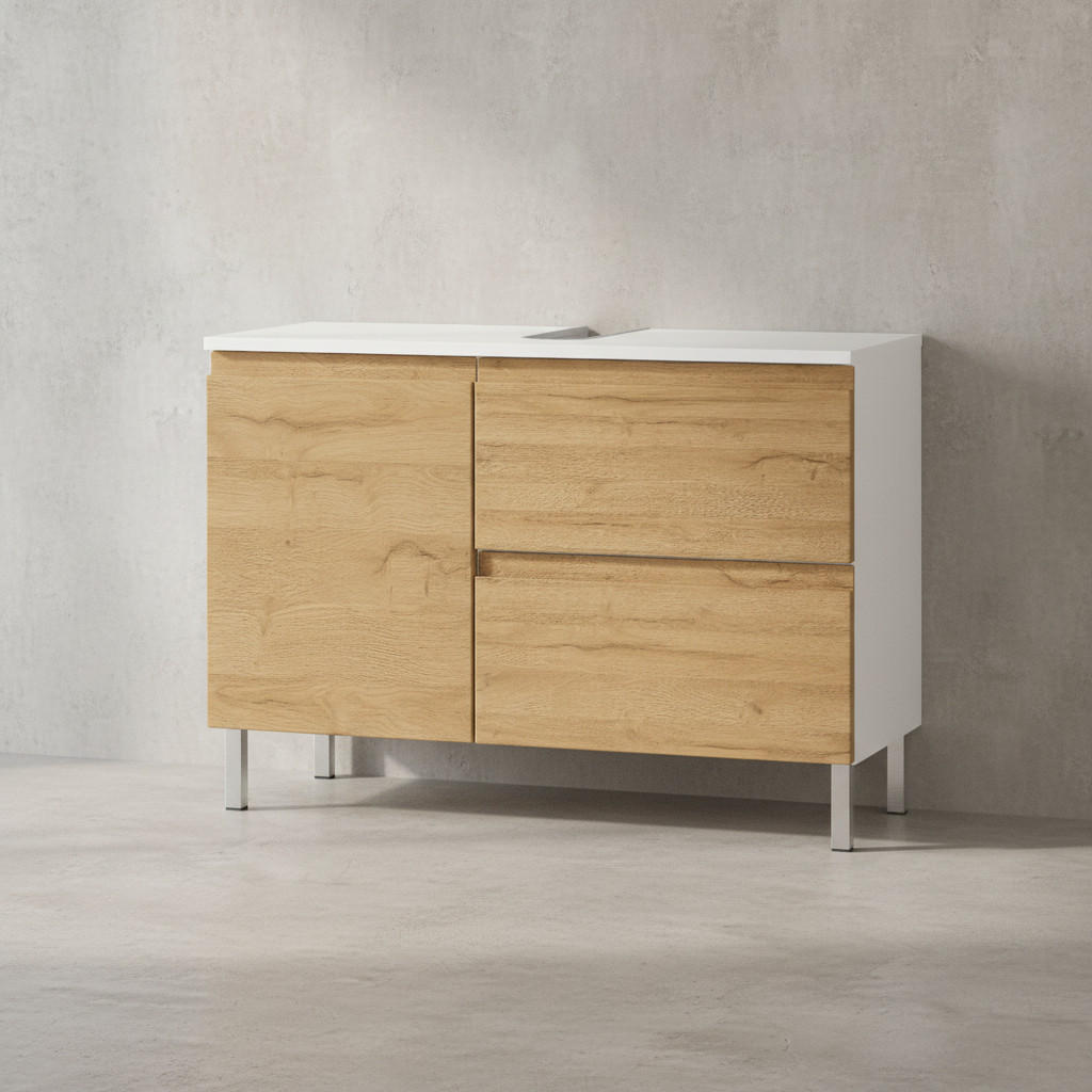 WASCHBECKENUNTERSCHRANK Weiß und Eiche Grandson 80x34x56 cm mit Chromfüßen VEER - Weiß, Holz/Metall (80/56/34cm) - KADIMA DESIGN