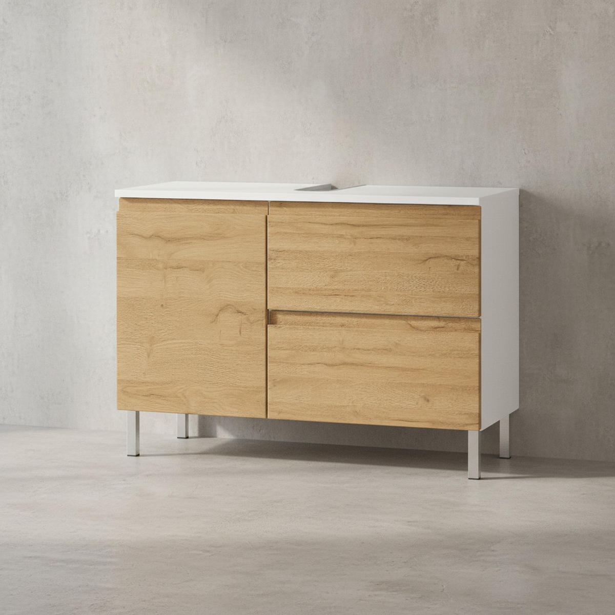 WASCHBECKENUNTERSCHRANK Weiß und Eiche Grandson 80x34x56 cm mit Chromfüßen VEER - Weiß, Holz/Metall (80/56/34cm) - KADIMA DESIGN