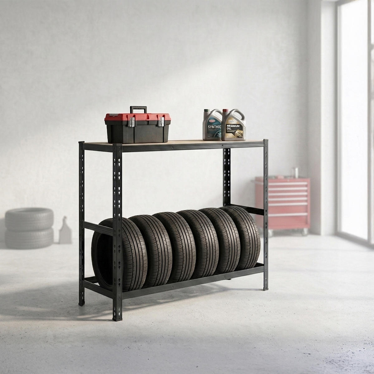 STOJAN na pneu - černá, kov/kompozitní dřevo (120/110/40cm) - Relaxdays
