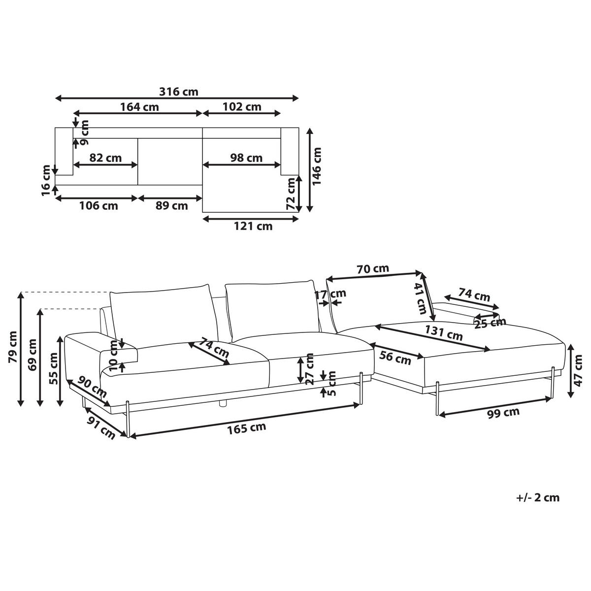 3-SITZER-ECKSOFA hellbraun rechtsseitig Mariferd - Hellbraun/Dunkelbraun, Textil (316/146cm) - Beliani