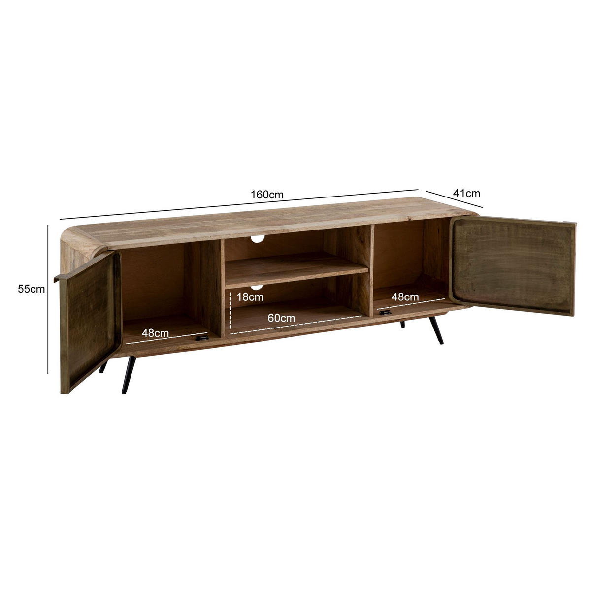 LOWBOARD Mango Massivholz Modern Stil 160x55x41 cm mit punzierten Türen - Schwarz/Braun, Holz/Metall (160/55/41cm) - KADIMA DESIGN