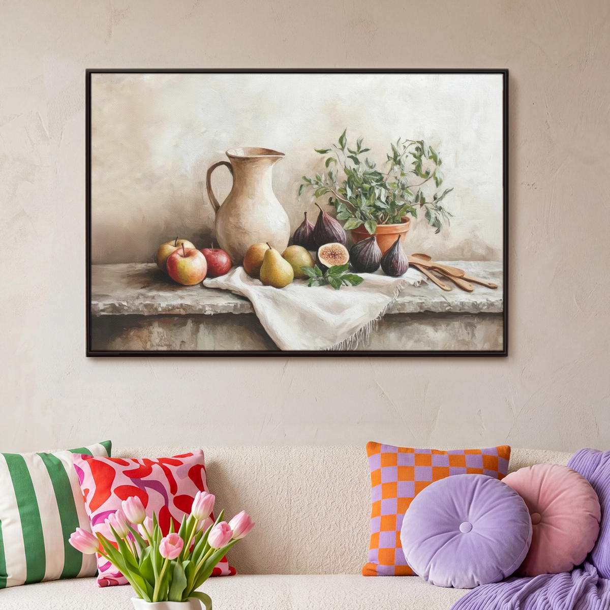 LEINWAND Bilder mit Rahmen - Obst - Kräuter - Ländlich - 90x60 - Naturfarben, Textil (90/60cm) - MuchoWow