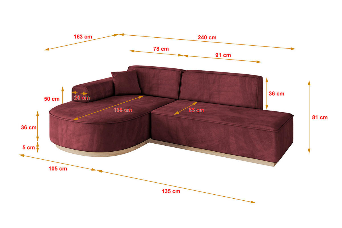ECKSOFA Ottomane Links ARRIO-L1 - 243x171x83 cm Bordeauxrot - Bordeaux, Holzwerkstoff/Textil (243/171cm) - ALTDECOR