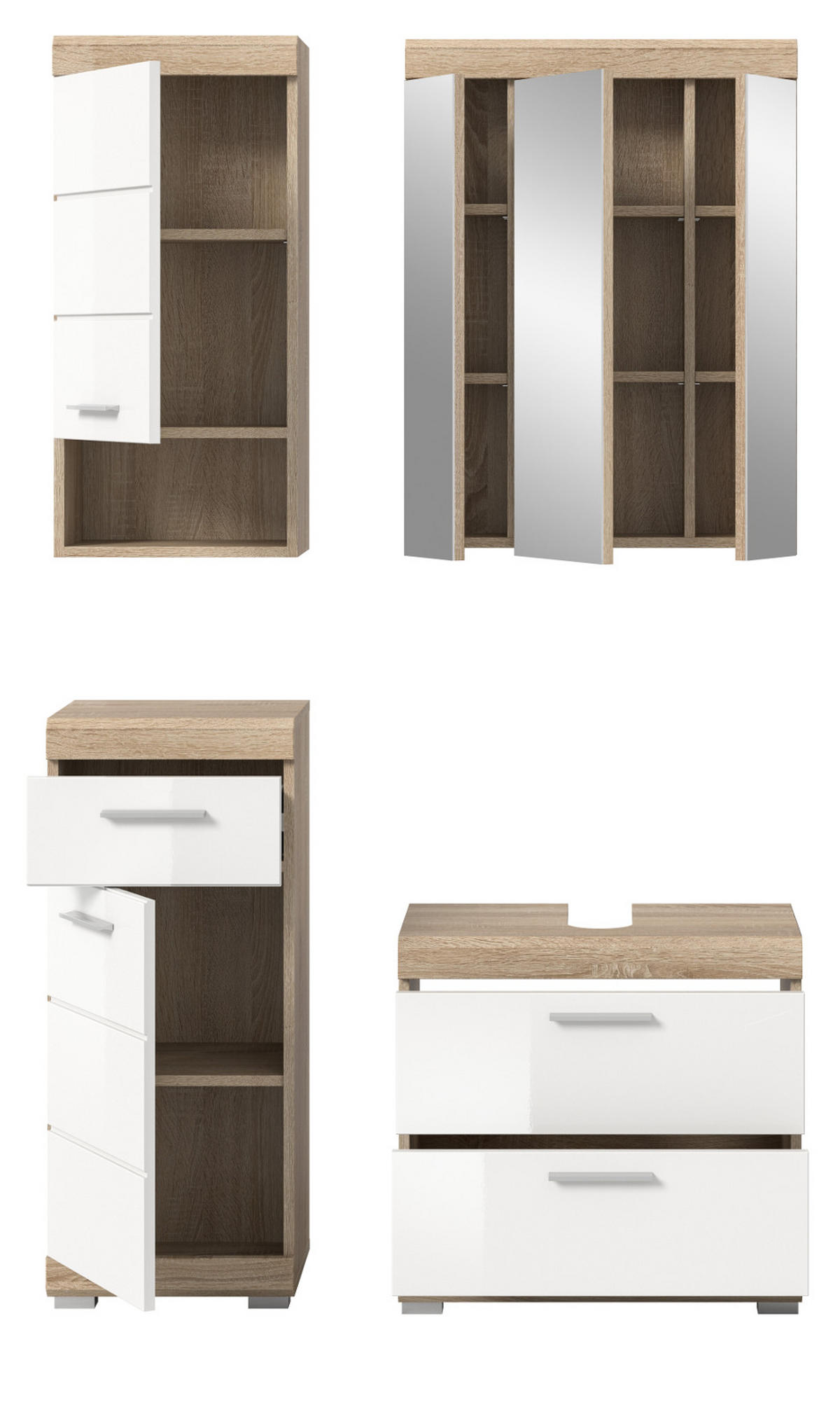 BADMÖBEL-SET weiß Hochglanz, Eiche 4-teilig 112 cm, Komplettset mit viel Stauraum - Weiß Hochglanz/Eichefarben, Holzwerkstoff (112/191/37cm) - Inn.Furn