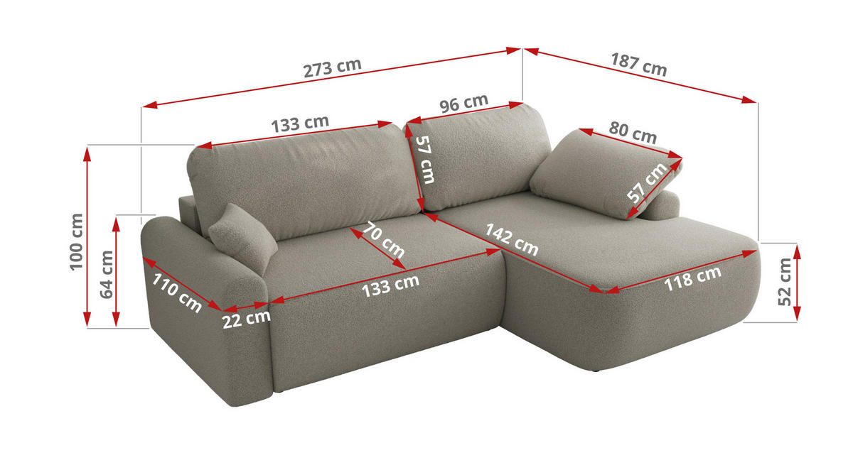 ECKSCHLAFSOFA CUBO L Hellgrau Boucle - links - Hellgrau/Schwarz, Kunststoff/Textil (273/187cm) - MKS