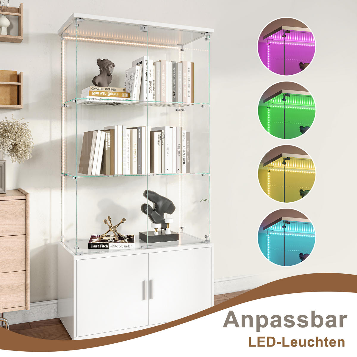 GLASVITRINE 164x78,5x35 cm 4 Türen 6 Einlegeböden LED weiß - Weiß, Holz (78.5/164/35cm) - LEBENLANG