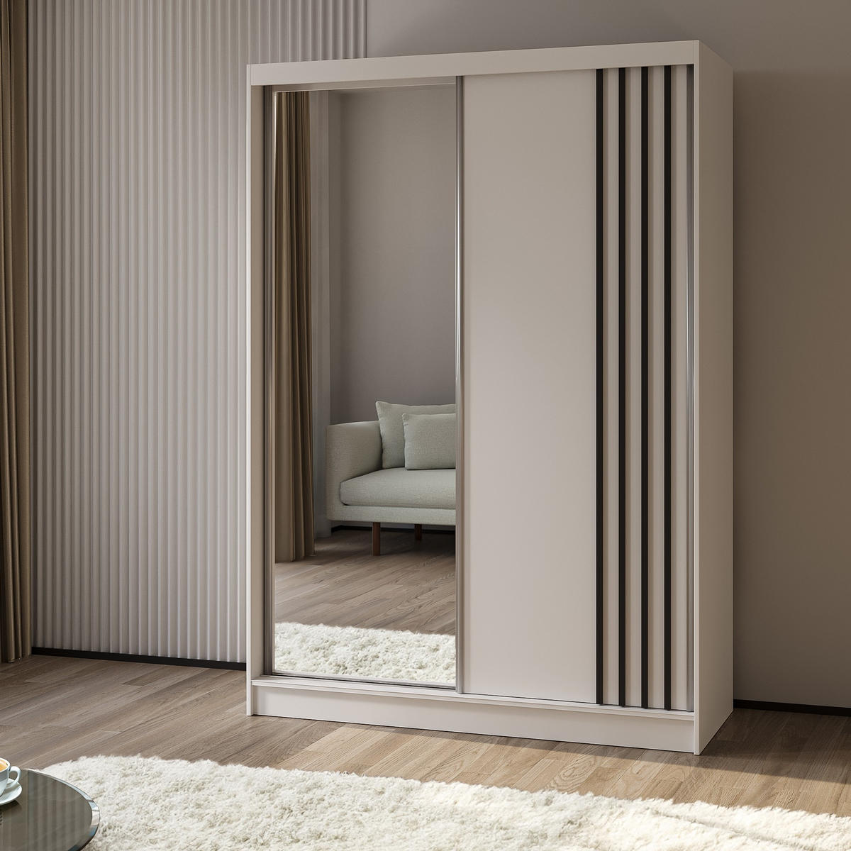 SCHWEBETÜRENSCHRANK NELVIA 150/216/61 cm 2-türig mit Spiegel Weiß - Weiß, Holzwerkstoff (150/216/61cm) - MASSENO