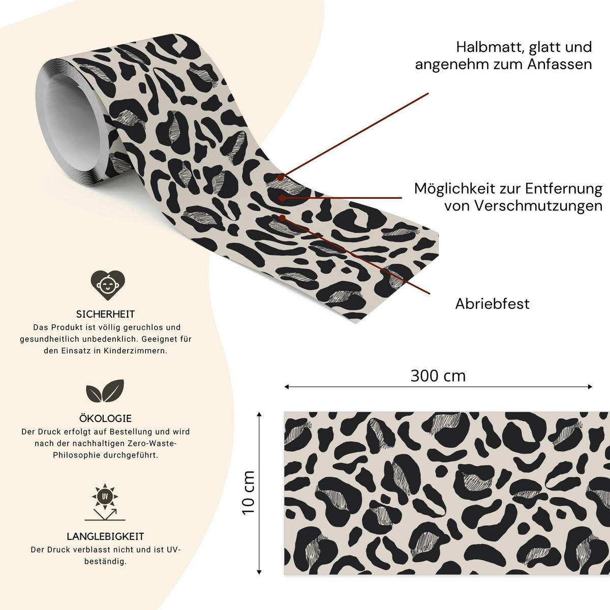 TAPETENBORDÜRE selbstklebend Abstrakt TIERMUSTER Leopardenmuster - Beige/Schwarz, Papier (10/300/300cm) - Muralo