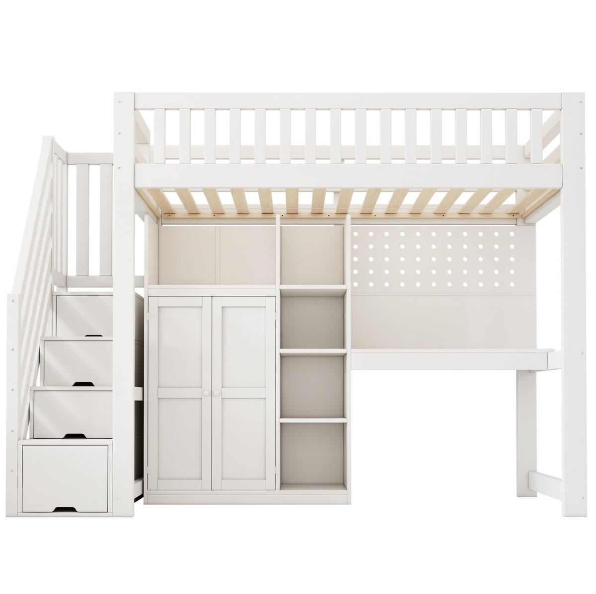 HOCHBETT 90/200 cm Weiß mit Schreibtisch, Kleiderschrank und USB-/Type-C-Anschlüssen - Weiß, Holzwerkstoff (90/200cm) - Flora Grace