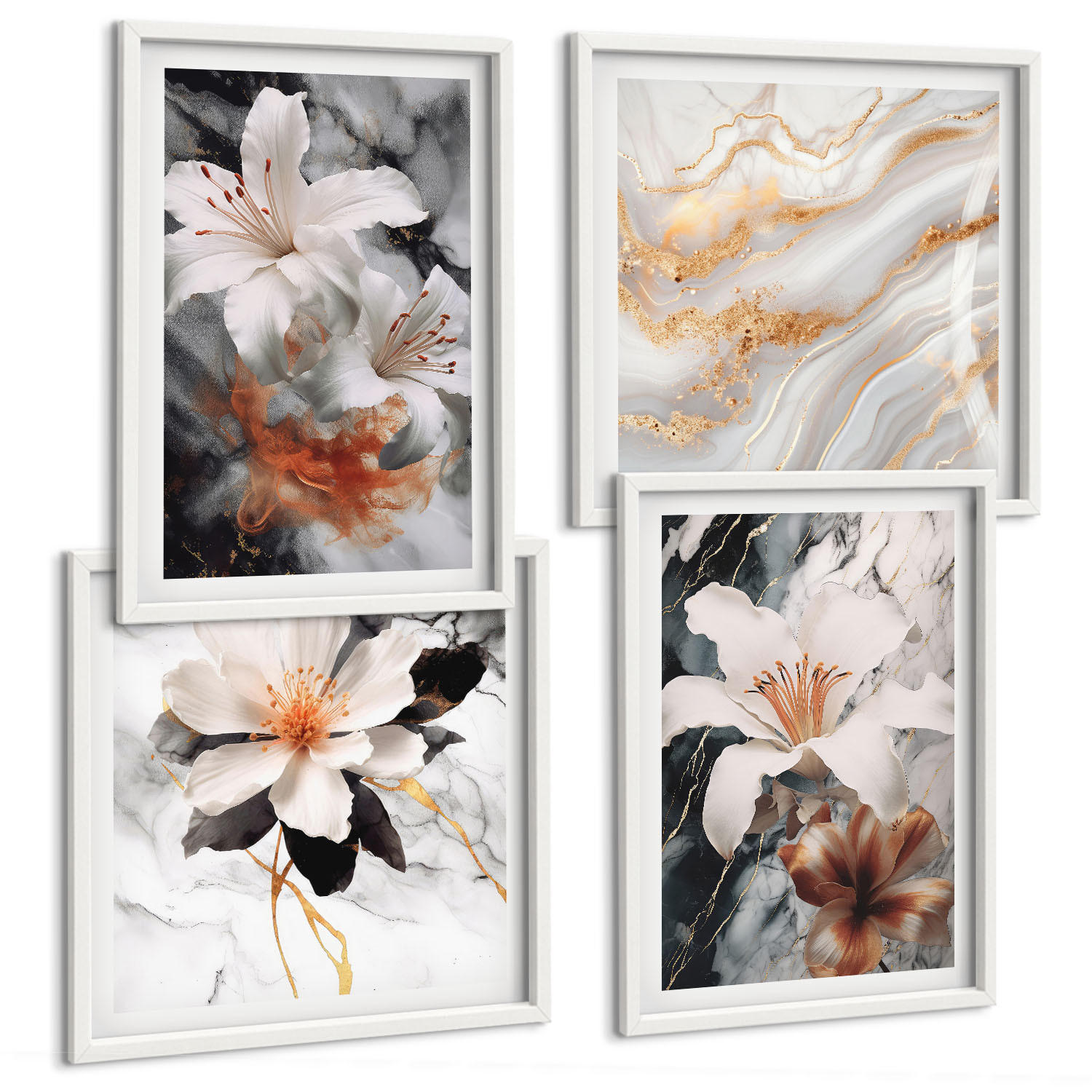 BILDER SET 4er Set - 50x50 cm & 40x60 cm Weißer Rahmen - Blumen Marmor weiß schwarz - Weiß, Kunststoff (50/50cm) - TULUP