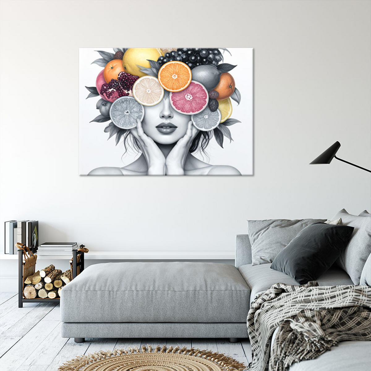 LEINWANDBILD Frau mit Früchten auf dem Kopf 120x80cm - Grau, Textil (120/80cm) - Feeby