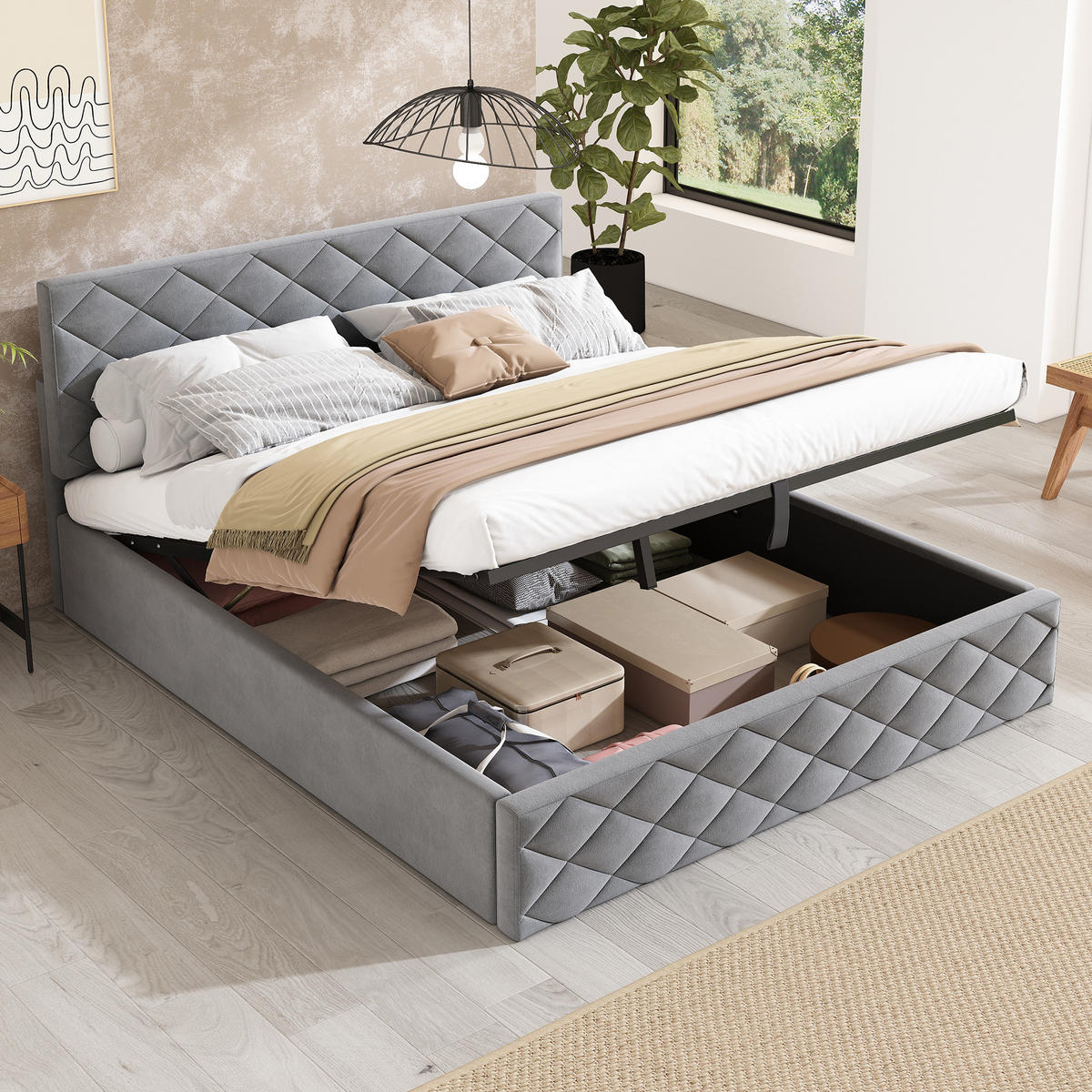 POLSTERBETT mit Stauraum und Lattenrost 140x200 cm Samt Grau - Grau, Metall (140/200cm) - Meubliv