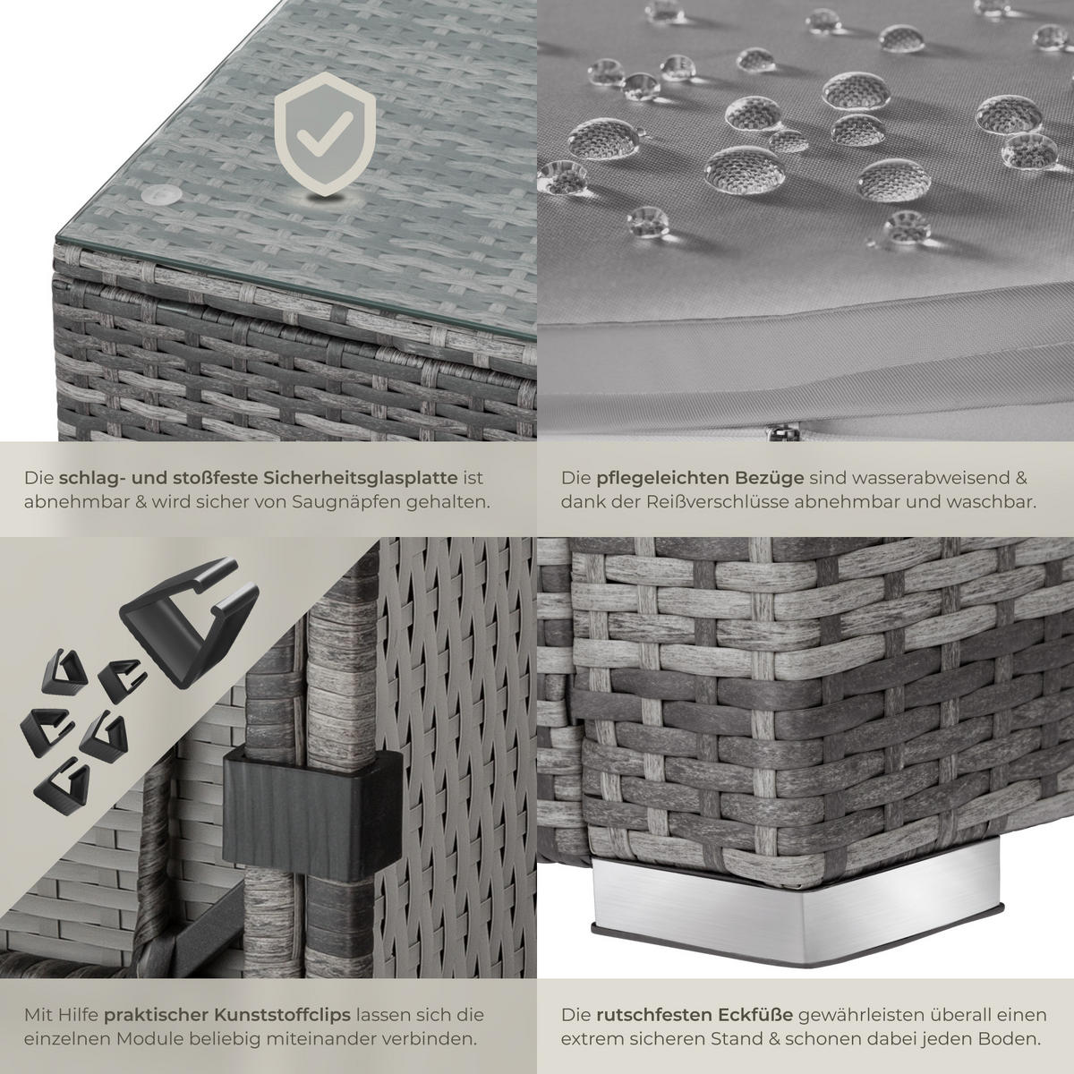RATTANLOUNGE Milano, mit Sicherheitsglasplatte, grau - Grau, Kunststoff - tectake